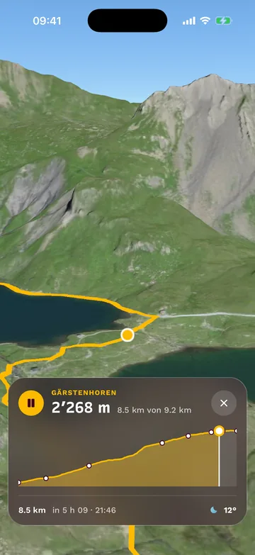 3D-Flug über die Wanderung am Bachalpsee, darunter das Höhenprofil