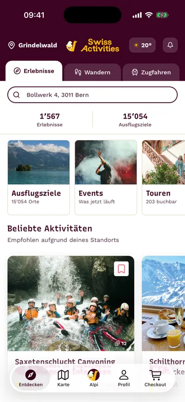 App-Startseite im Tab Erlebnisse: Themen und beliebte Aktivitäten in der Nähe