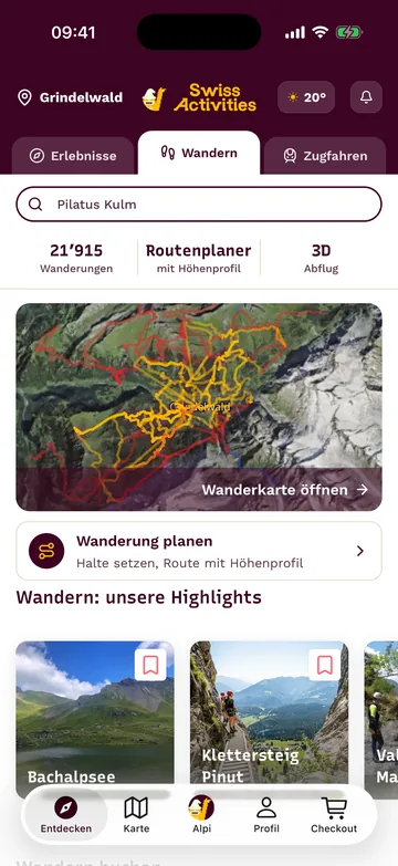 App-Startseite im Tab Wandern: Wanderkarte und «Wanderung planen»
