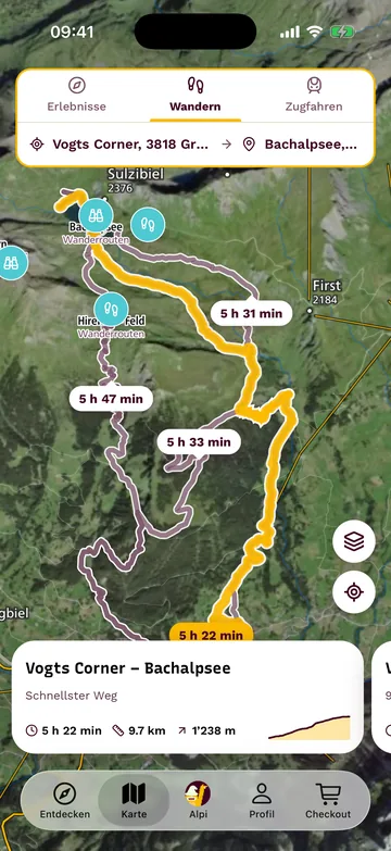 Geplante Wanderung von Grindelwald zum Bachalpsee auf der Karte, mit Alternativen und Marschzeiten