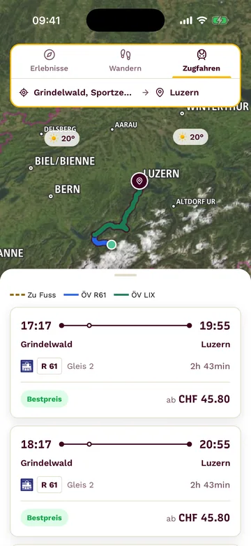 Nächste Zugverbindungen von Grindelwald nach Luzern mit Gleis, Fahrzeit und Preis