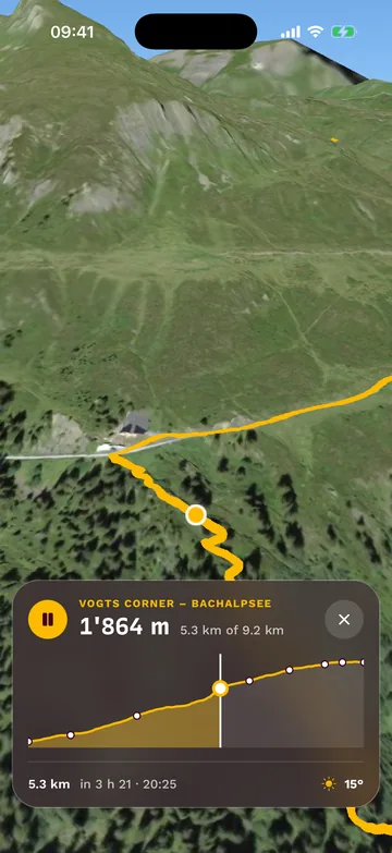 Volo in 3D sopra l'escursione al Bachalpsee, con il profilo altimetrico sotto