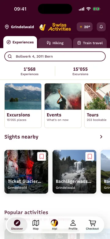 Schermata iniziale dell'app nella scheda Esperienze: temi e attività popolari nelle vicinanze