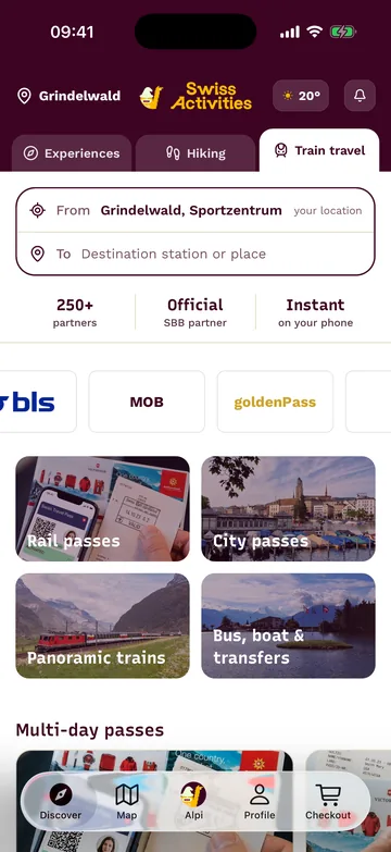 Schermata iniziale dell'app nella scheda Viaggiare in treno: ricerca Partenza/Destinazione, abbonamenti e treni panoramici