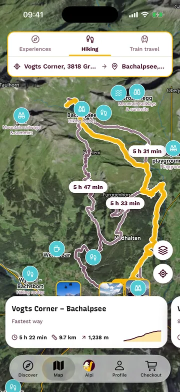 Escursione pianificata da Grindelwald al Bachalpsee sulla mappa, con alternative e tempi di marcia