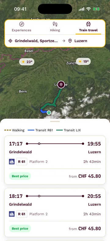 Prossimi collegamenti in treno da Grindelwald a Lucerna con binario, durata e prezzo
