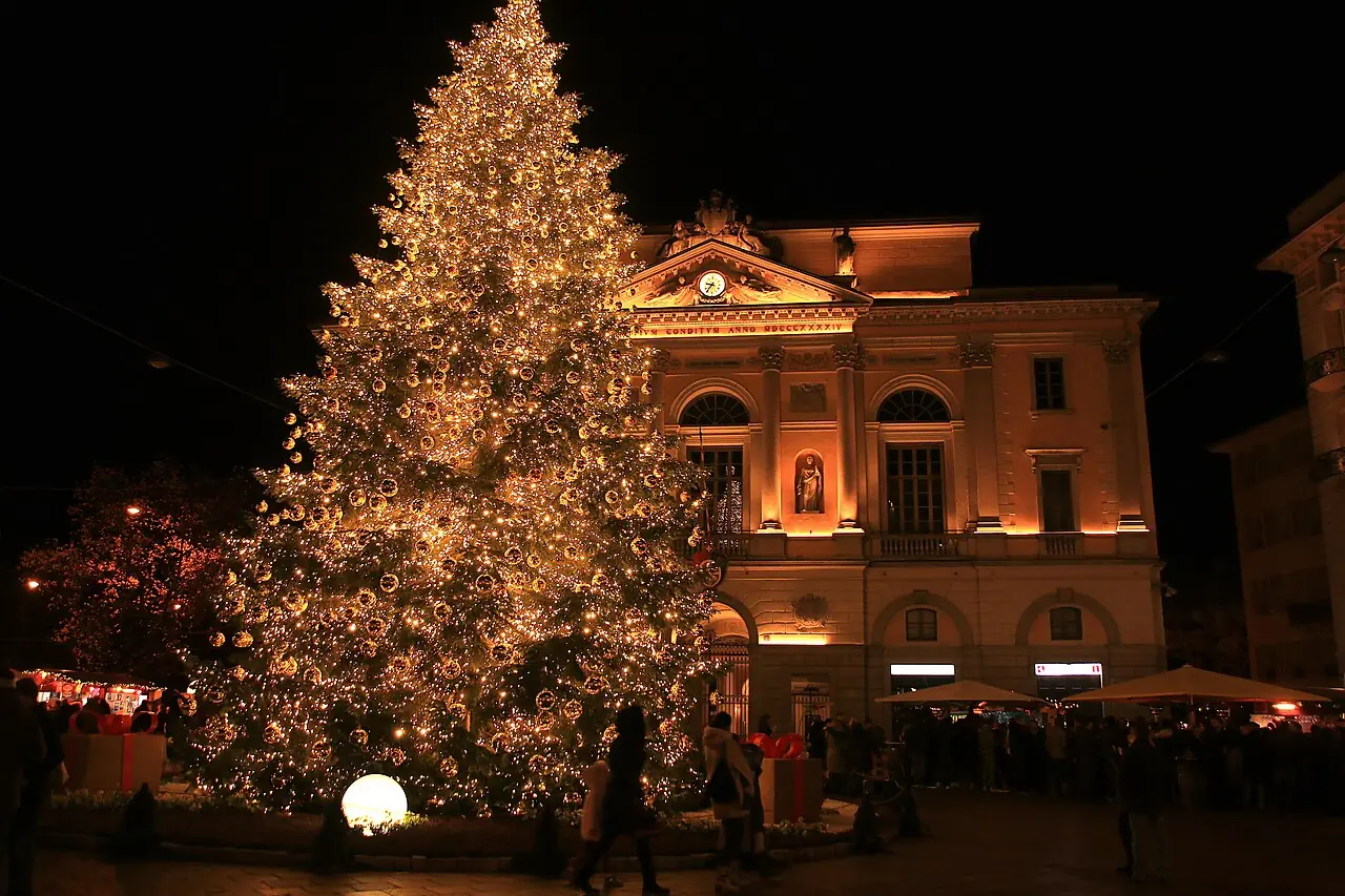 Illuminated Christmas tree in front of the town hall on Piazza della Riforma in the evening, market stalls on the left